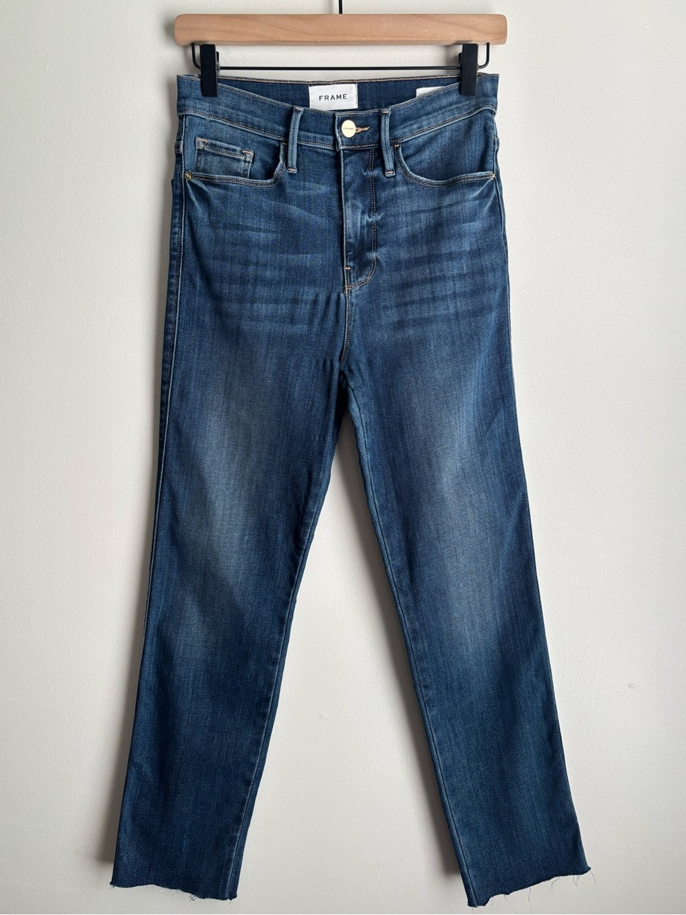 FRAME Le Sylvie Slender Straight Jeans Raw Hem Medium Wash High Rise Size 26